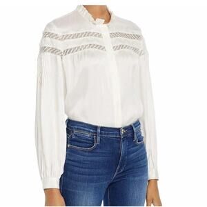 Frame Silk Paneled Lace Long Sleeve Blouse Pintuck Boho Button-Up Flowy Cream L